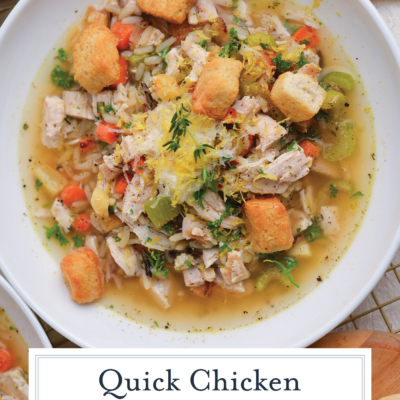 Easy weeknight chicken and wild rice soup—hearty wild rice, fresh herbs, and crunchy crouton topping.