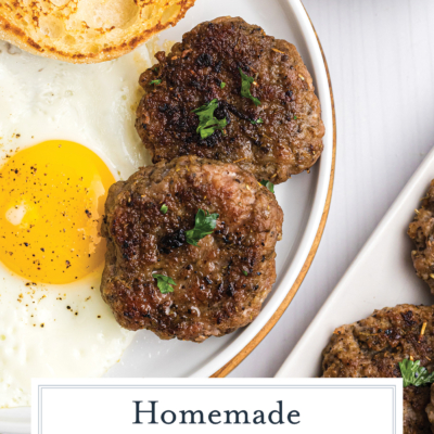 overhead shot of sausage patties on breakfast plate with text overlay