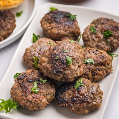 angled shot of tray of sausage patties