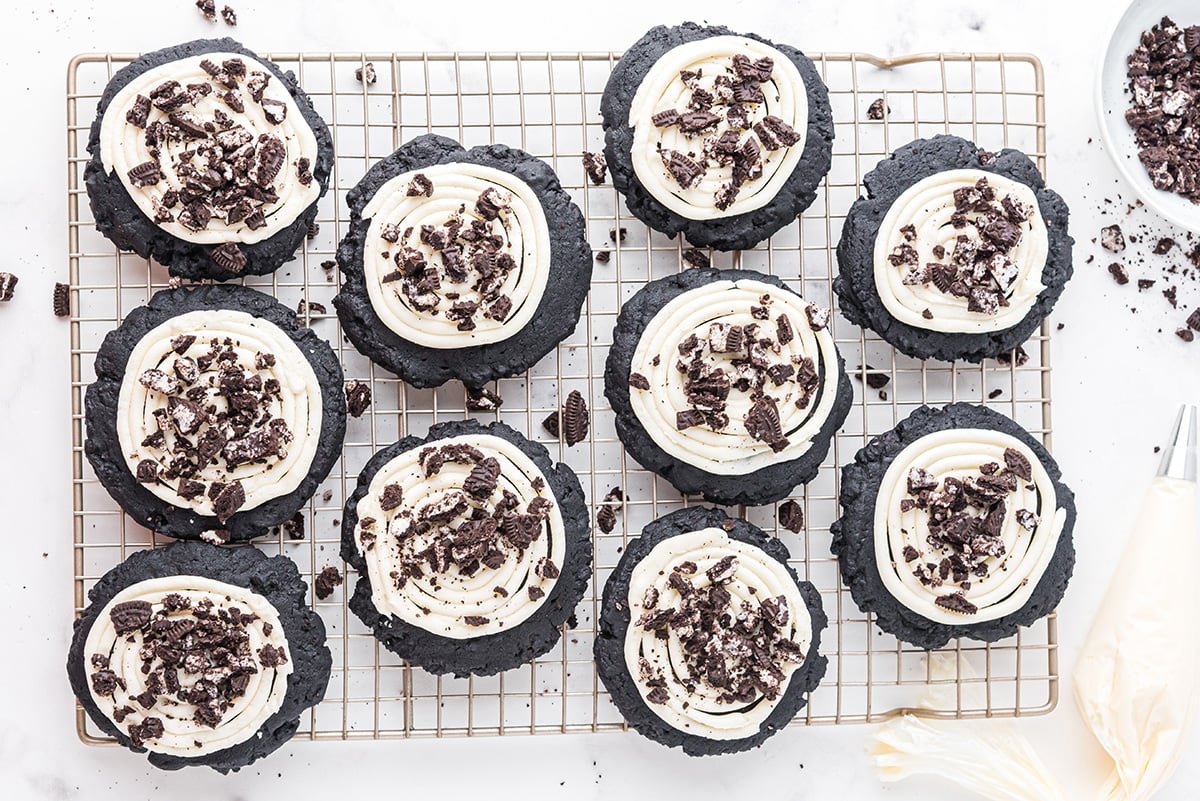 overhead shot of oreo sugar cookies on cooling rack