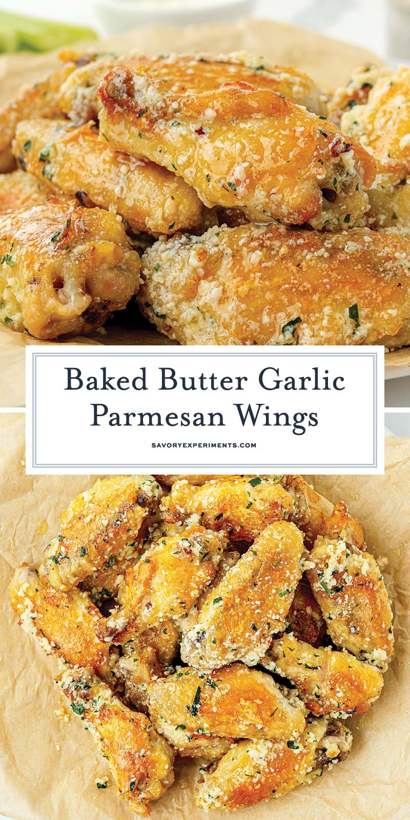 collage of baked chicken wings with garlic parmesan sauce for pinterest