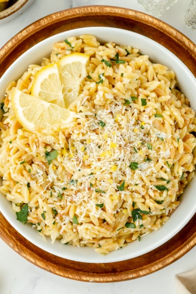 overhead shot of bowl of creamy lemon orzo