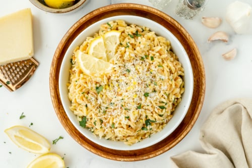 overhead shot of bowl of creamy lemon orzo
