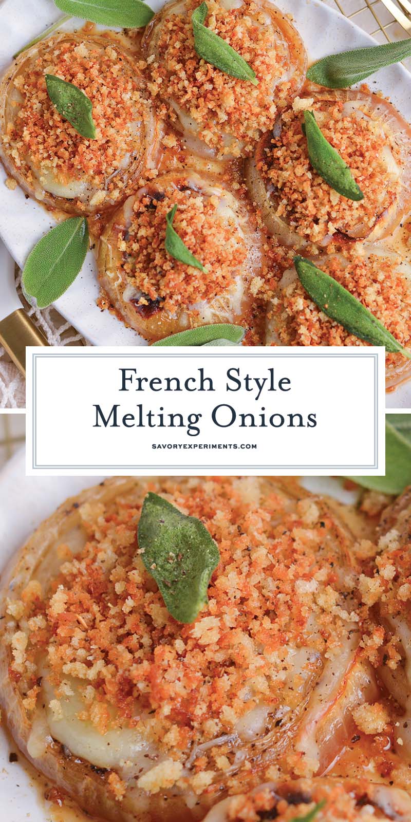 collage of melting onions with panko topping and fresh sage