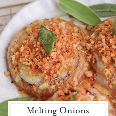 french baked onions in a beef broth with splash of sherry, panko bread crumbs and fresh sage