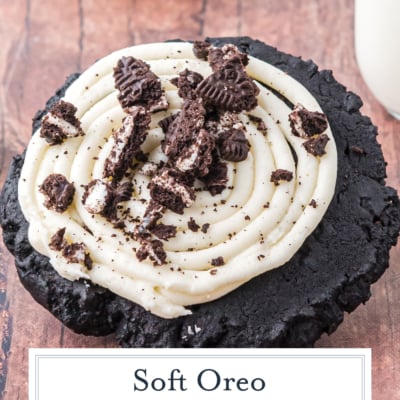 close up of oreo sugar cookie tilted on side with text overlay