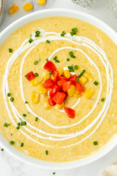 overhead shot of bowl of potato corn chowder