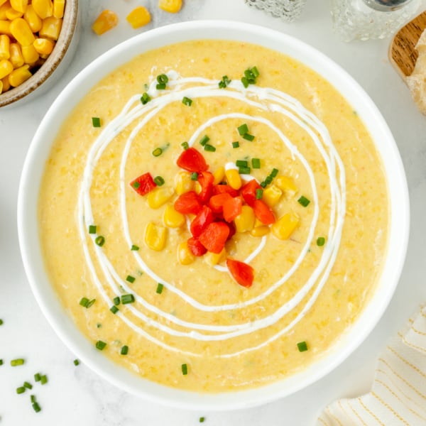 overhead shot of bowl of potato corn chowder