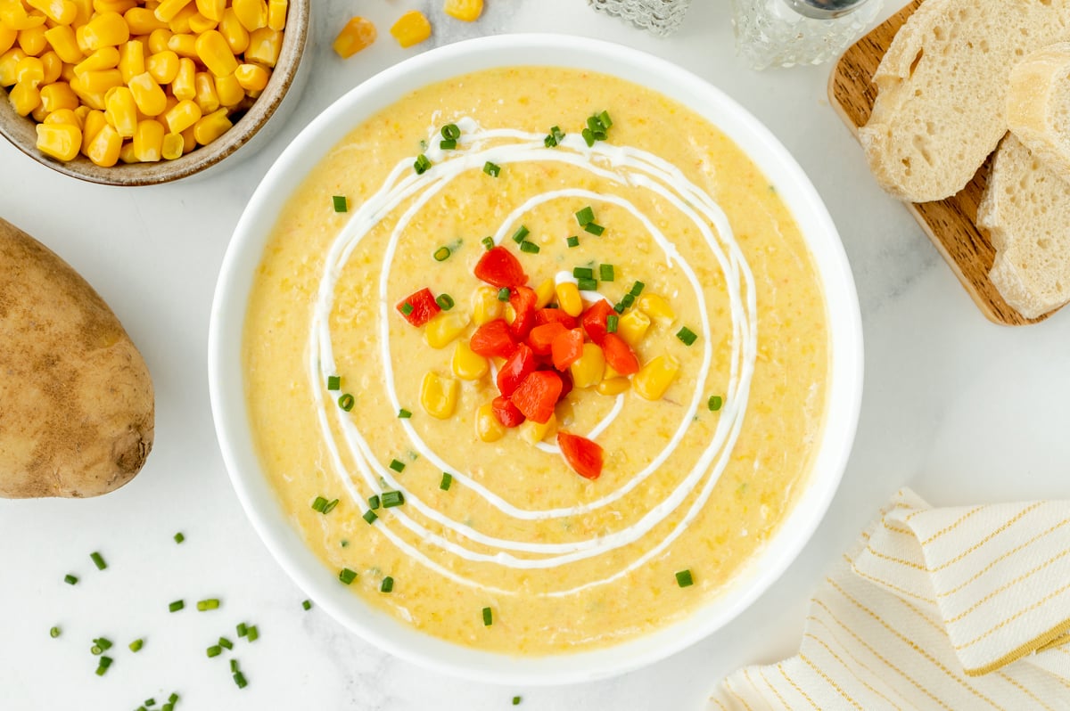 overhead shot of bowl of potato corn chowder