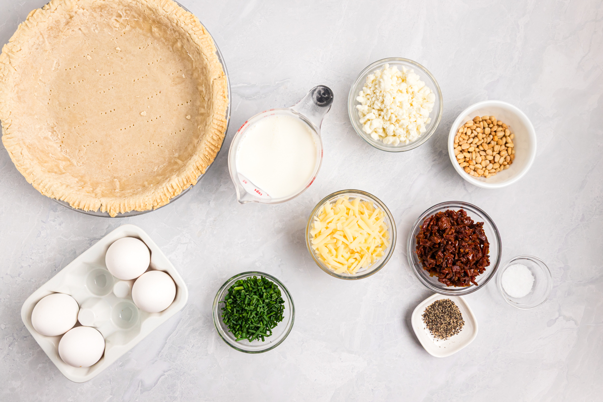 overhead shot of goat cheese quiche ingredients