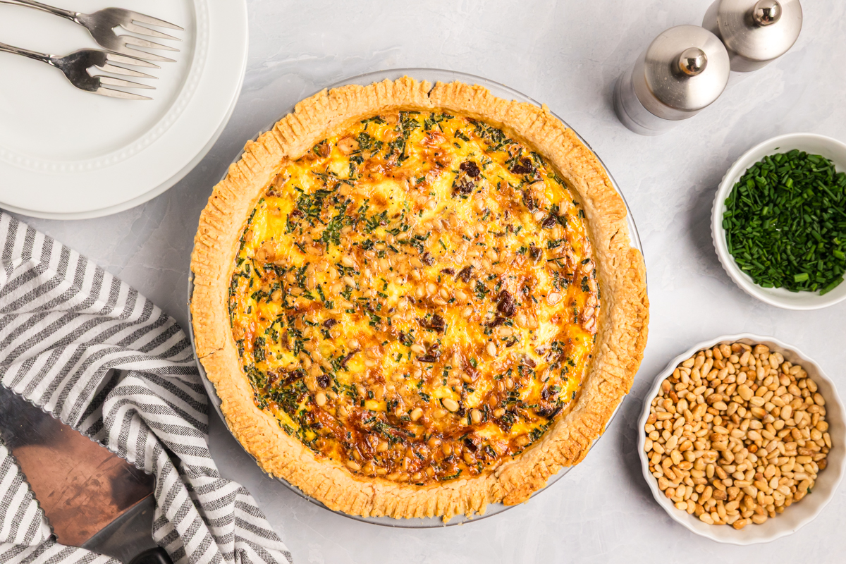 overhead shot of baked quiche