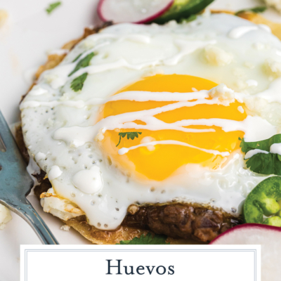 close up angled shot of huevos rancheros with text overlay