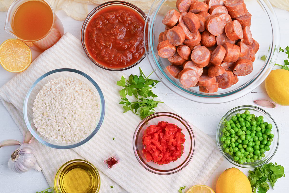 overhead shot of instant pot chicken paella ingredients
