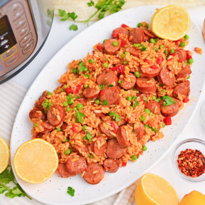 overhead shot of platter of instant pot chicken paella
