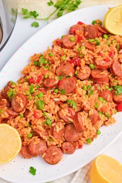 overhead shot of platter of instant pot chicken paella