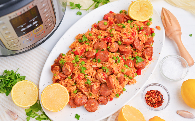 overhead shot of platter of instant pot chicken paella