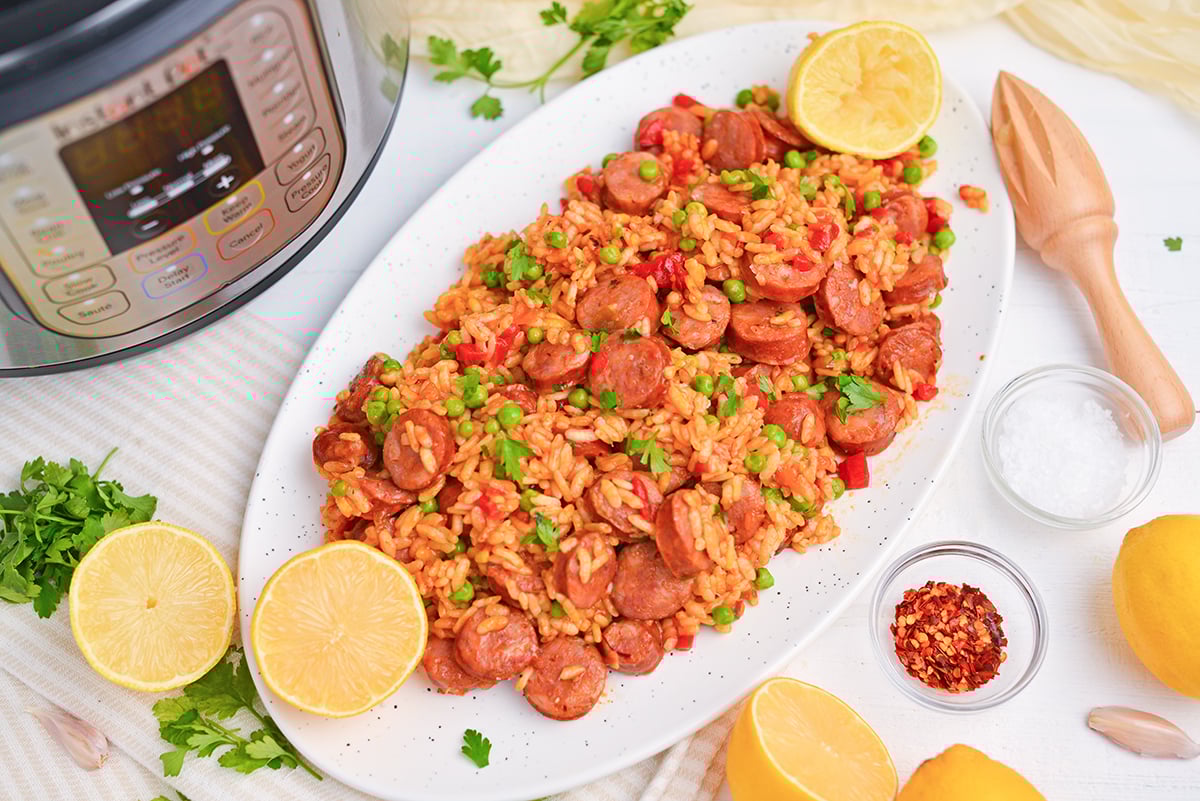 overhead shot of platter of instant pot chicken paella