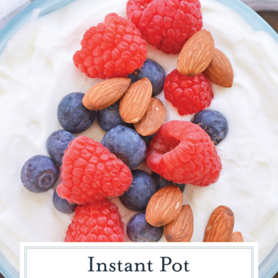 overhead shot of bowl of instant pot yogurt with text overlay