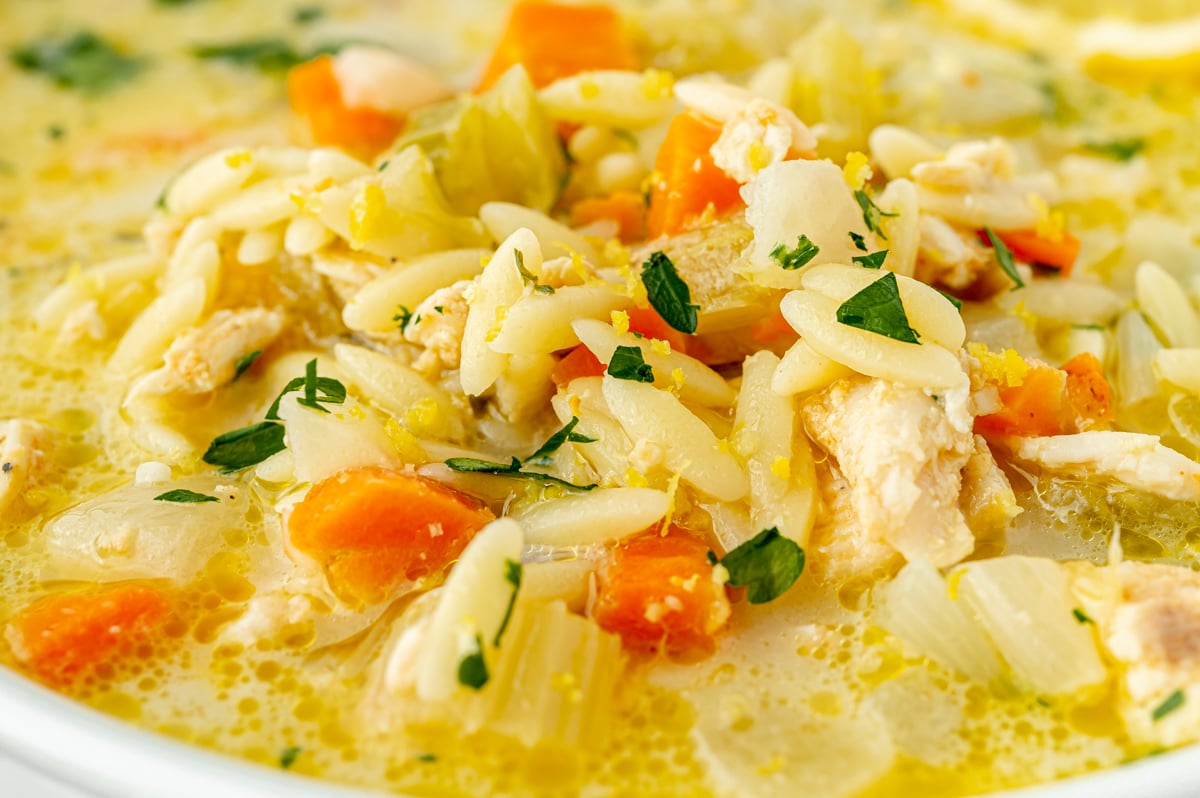 close up angled shot of orzo soup