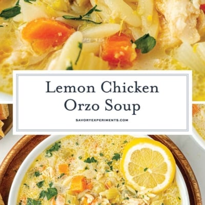 collage of lemon chicken orzo soup