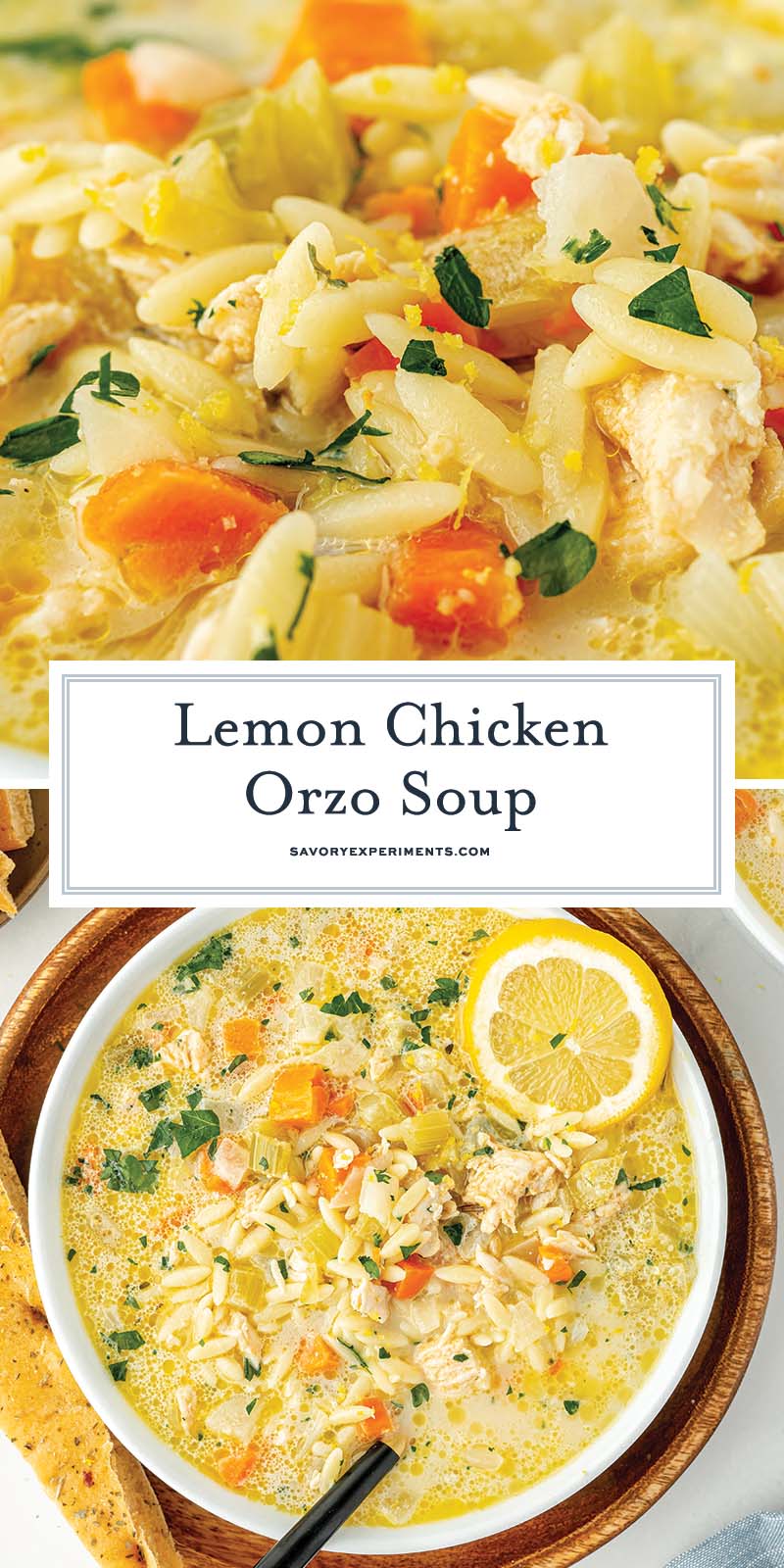 collage of lemon chicken orzo soup