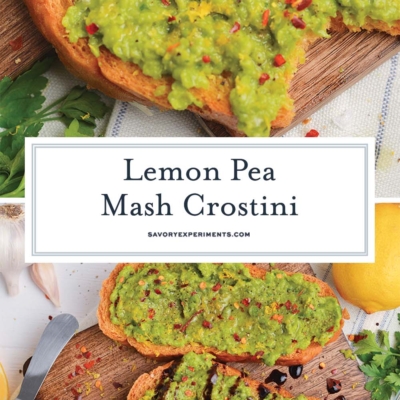 collage of pea mash crostini