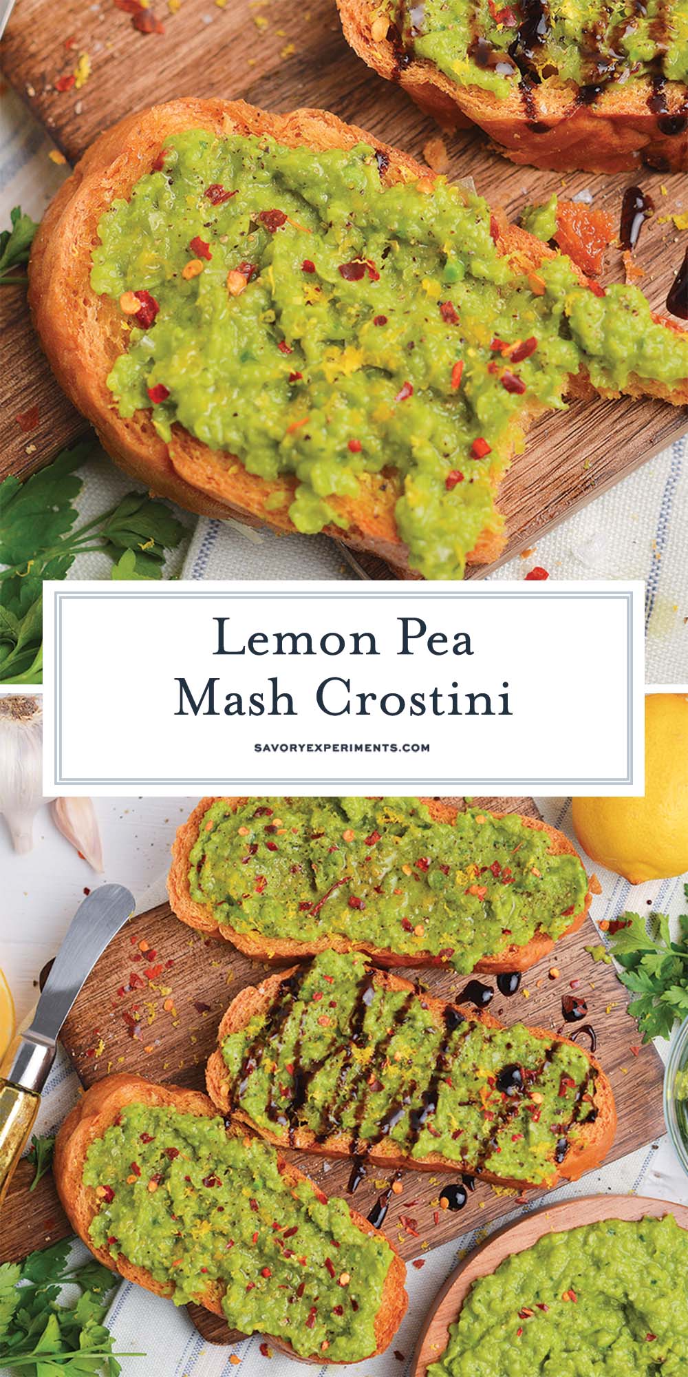 collage of pea mash crostini