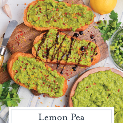 overhead shot of pea mash crostini on board with text overlay