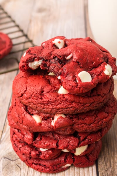 angled shot of stack of cake mix red velvet cookies