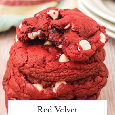 bite taken out of stack of cake mix cookies with text overlay