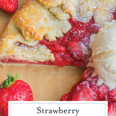 close up overhead shot of slice taken out of rustic strawberry pie with text overlay