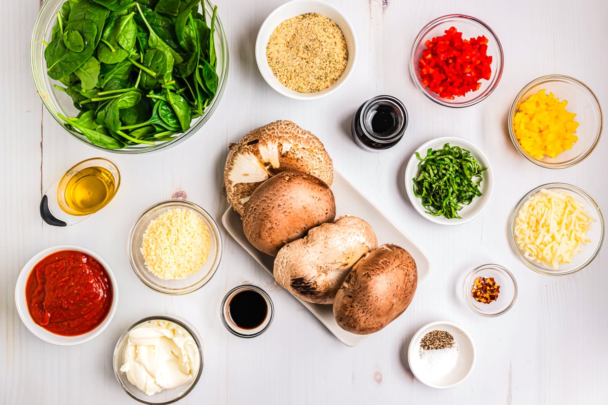 overhead shot of stuffed portabella mushroom ingredients