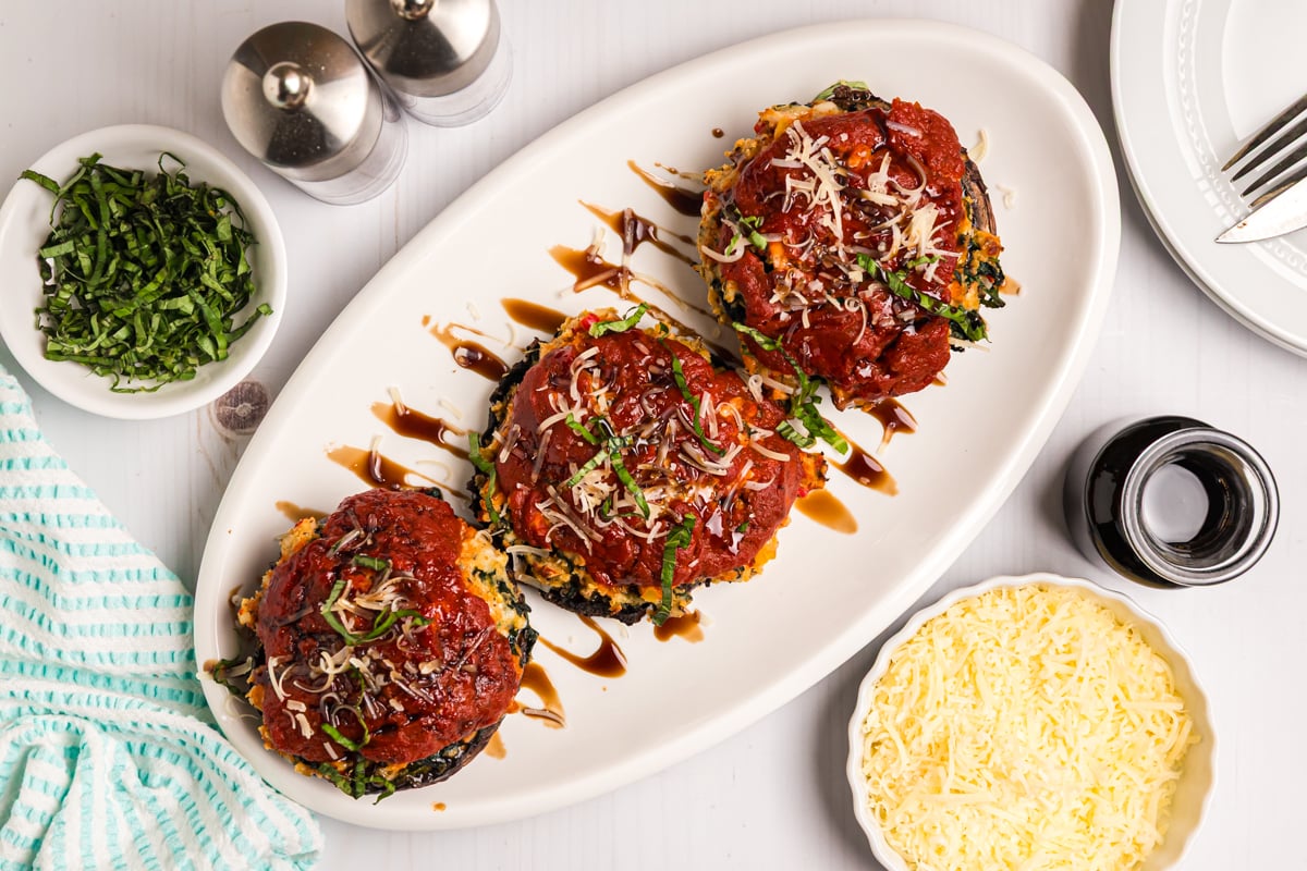 overhead shot of three stuffed mushrooms