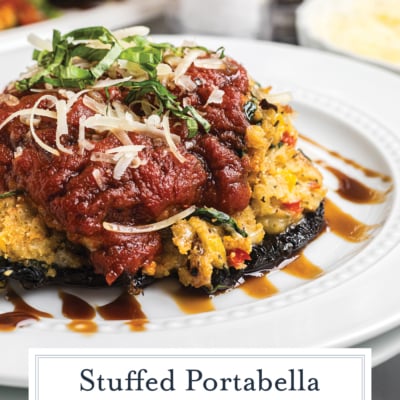 stuffed mushroom on a plate with text overlay