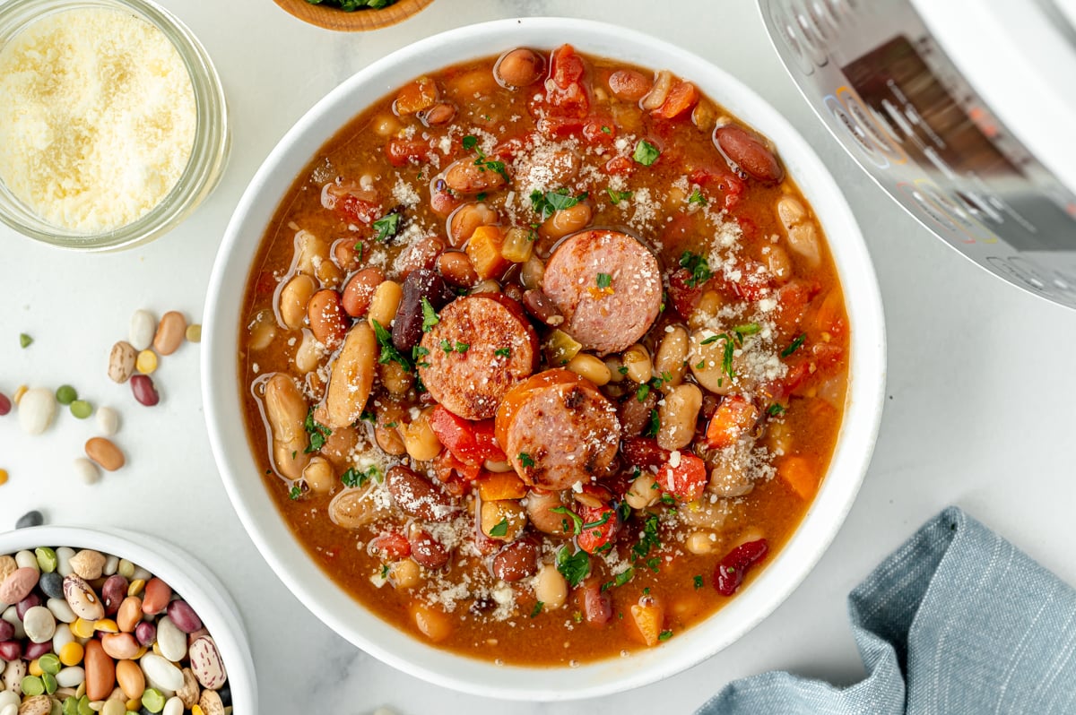 overhead shot of bowl of instant pot 15 bean soup