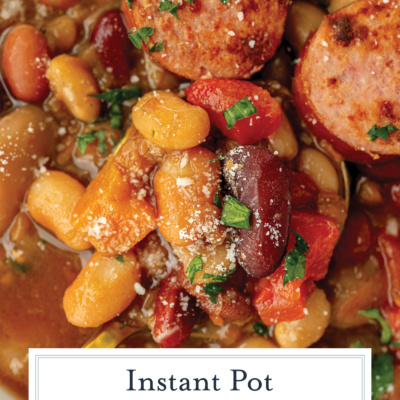 close up overhead shot of 15 bean soup on spoon with text overlay