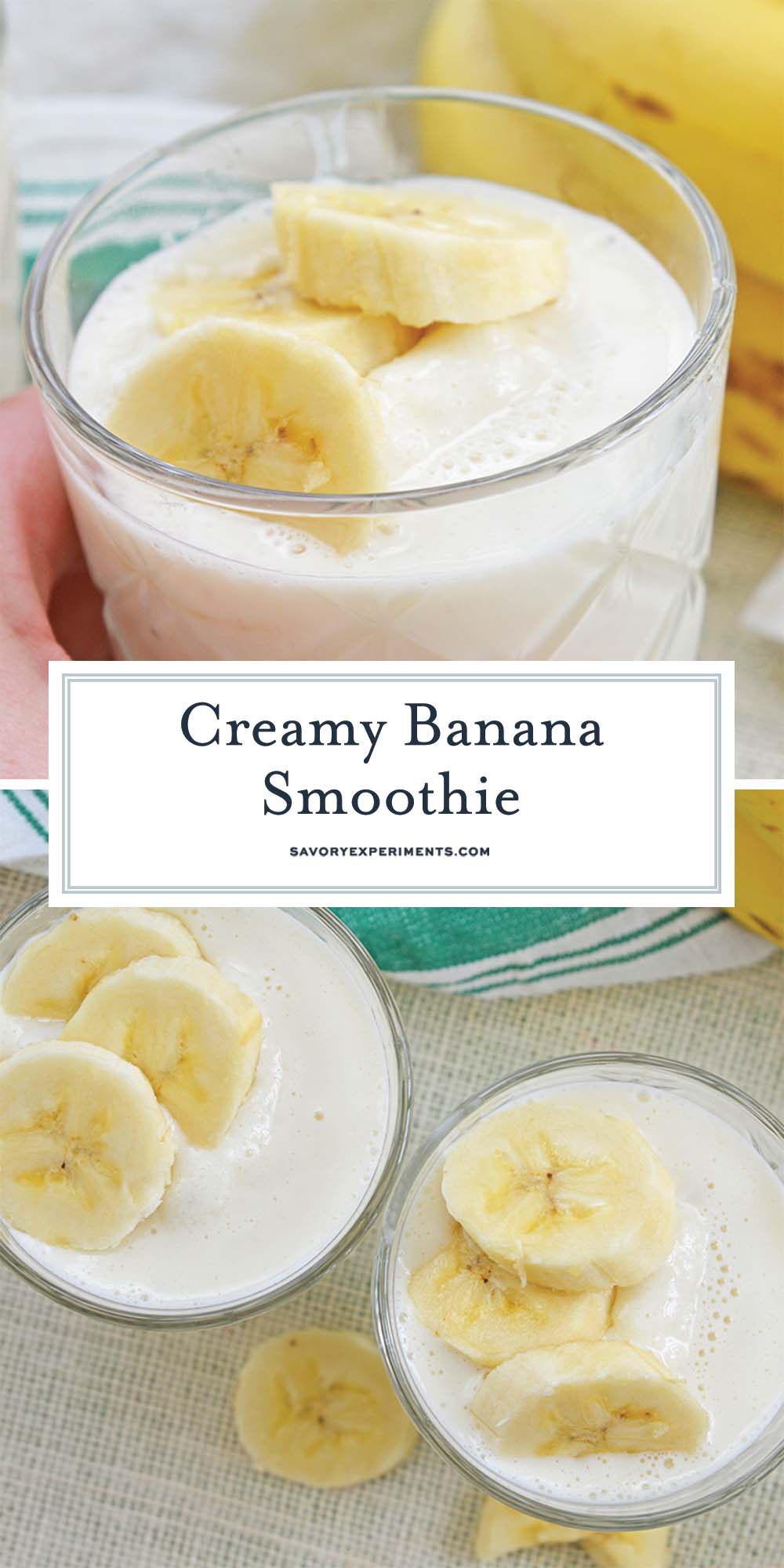 collage of banana smoothie