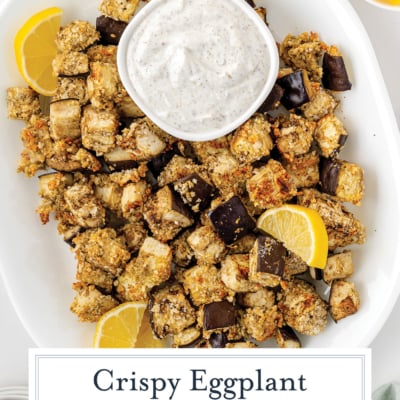 overhead shot of platter of crispy eggplant bites with text overlay