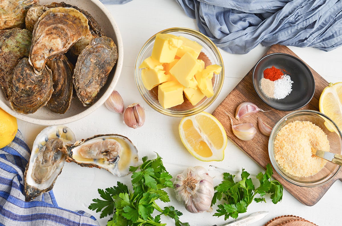 overhead shot of garlic butter baked oysters ingredients