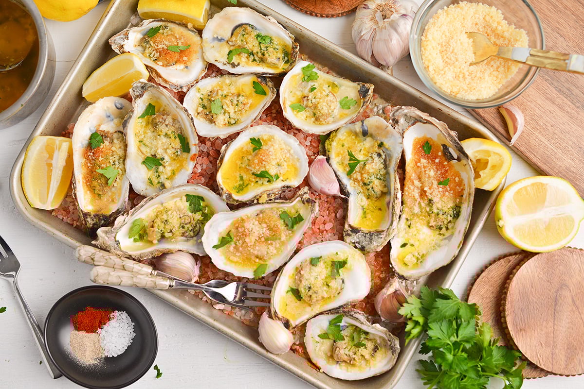 overhead shot of tray of baked oysters