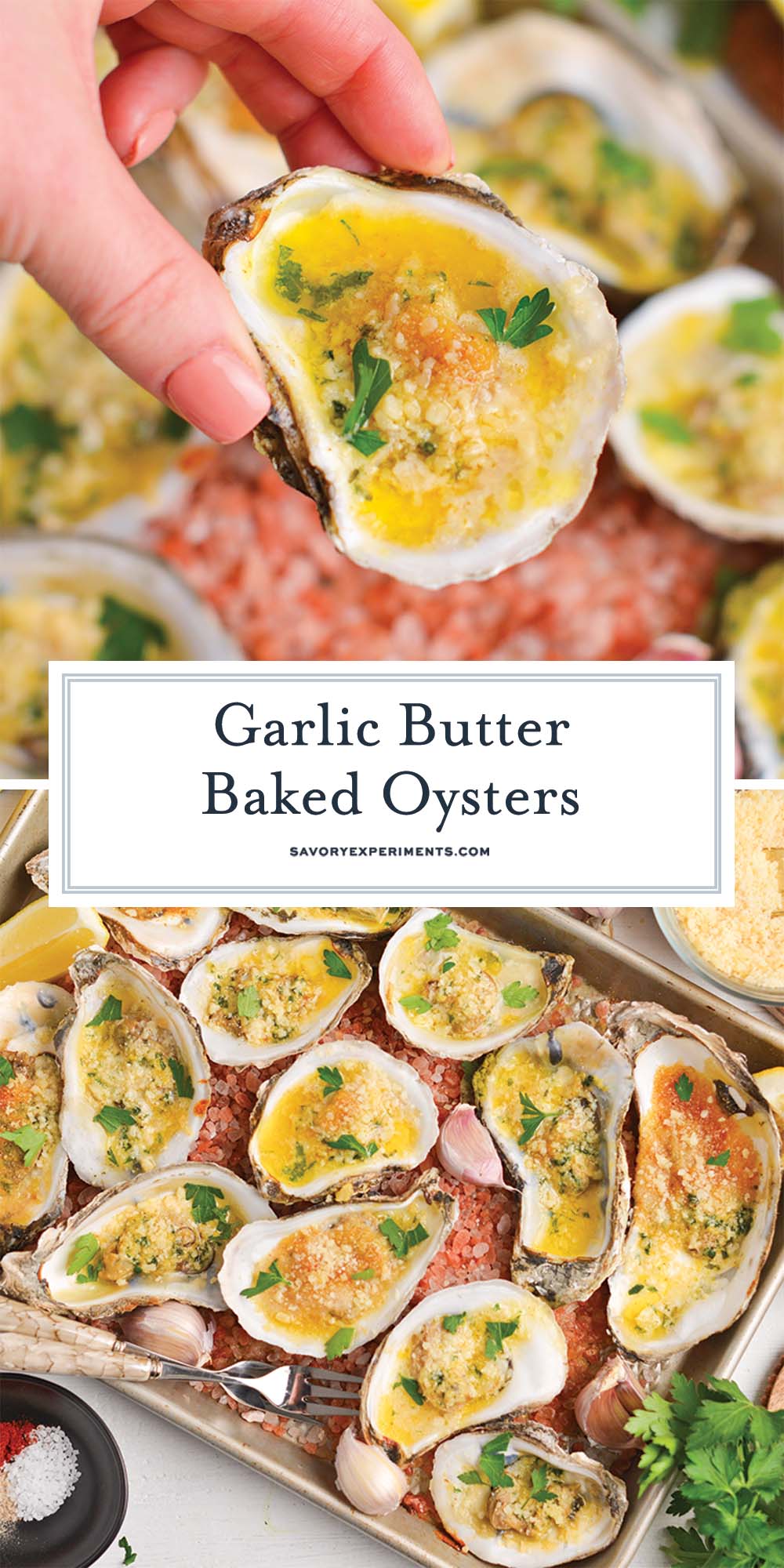 collage of garlic butter baked oysters