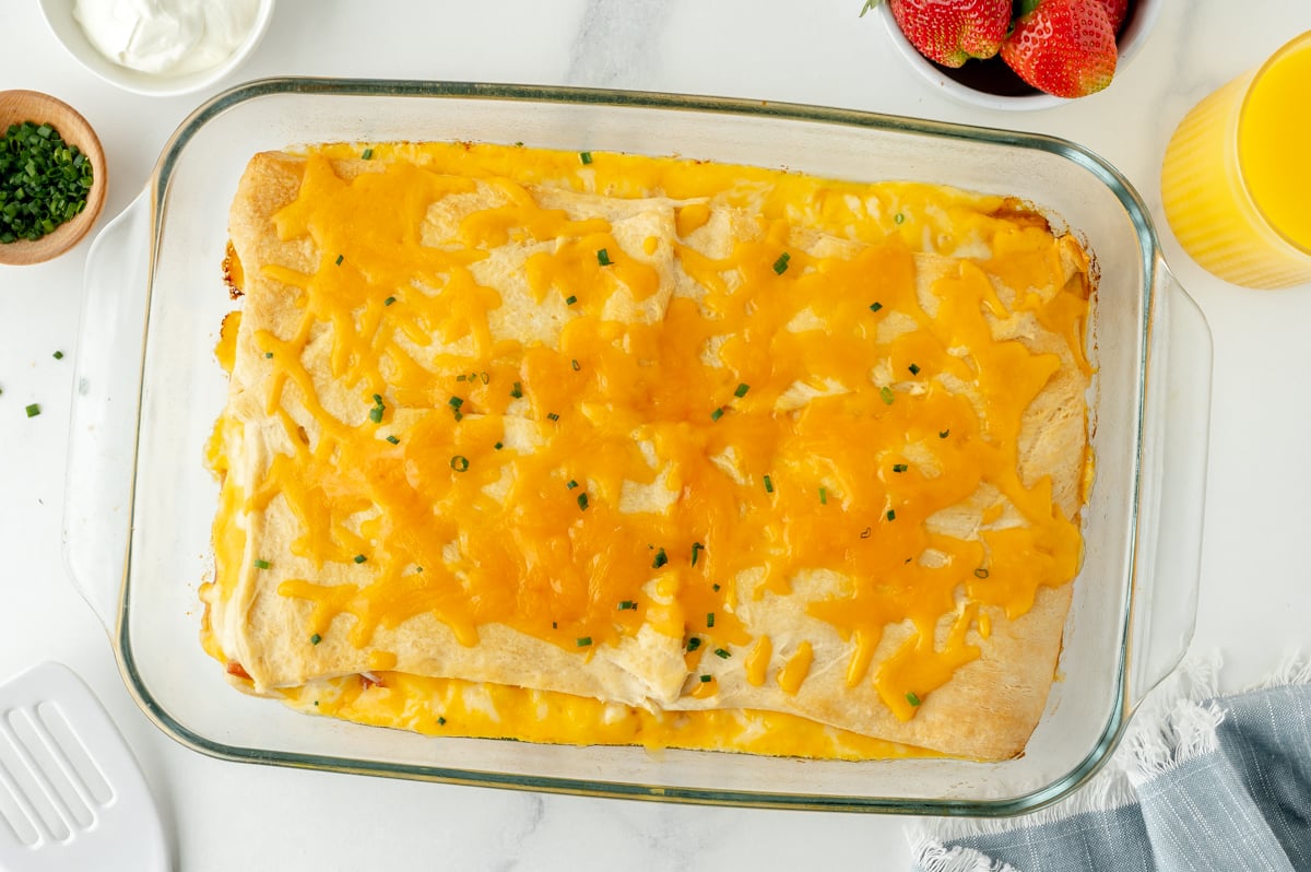 overhead shot of baked ham and cheese casserole