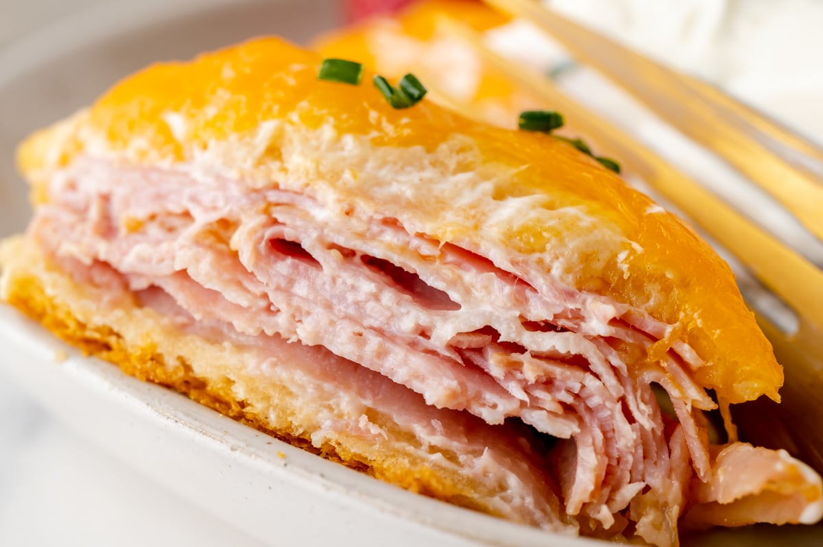 close up shot of slice of ham casserole