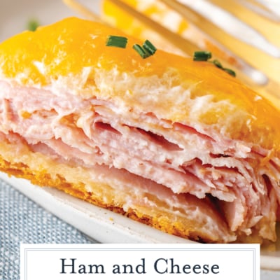 close up shot of slice of ham casserole with text overlay