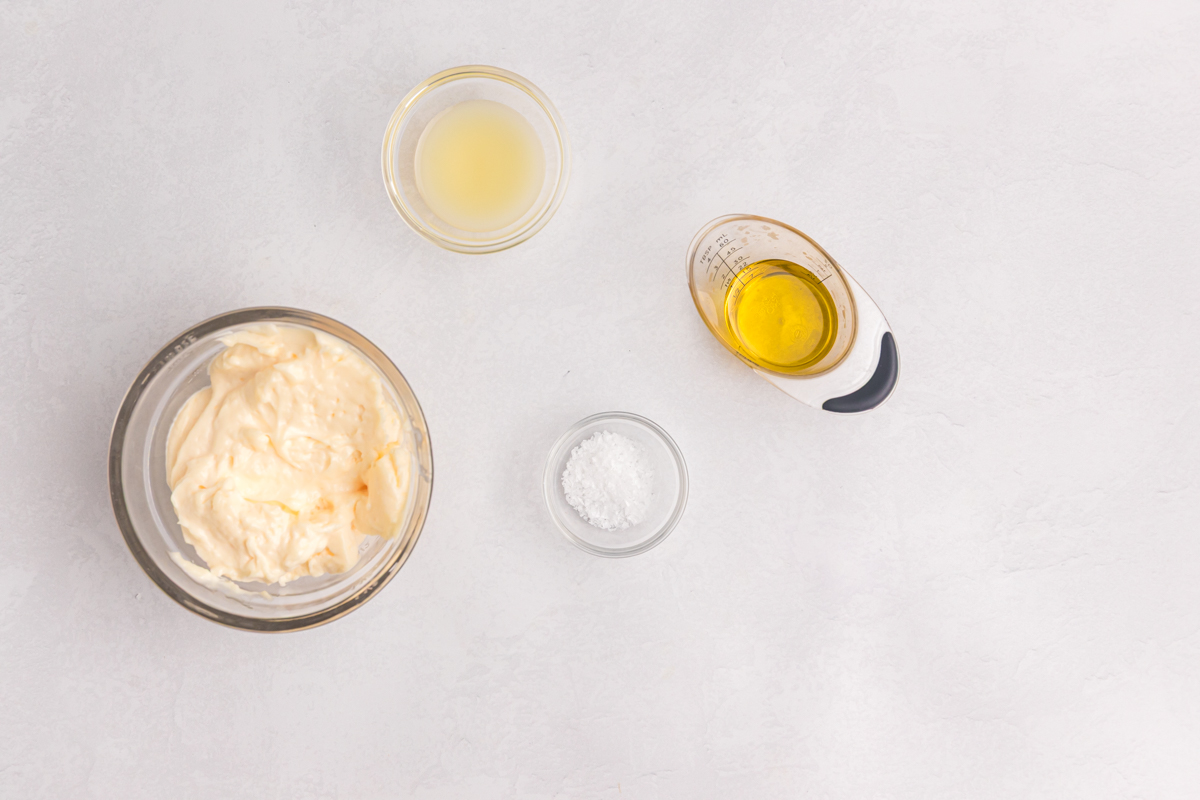 overhead shot of homemade aioli ingredients