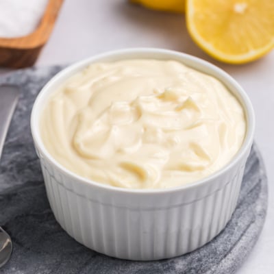 close up angled shot of bowl of aioli