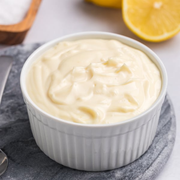 close up angled shot of bowl of aioli