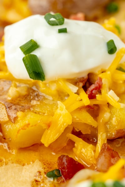 close up angled shot of loaded smashed potato