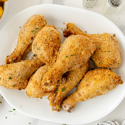 overhead shot of platter of oven fried chicken