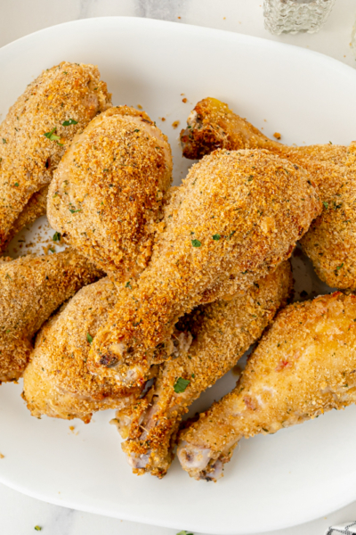 overhead shot of platter of oven fried chicken